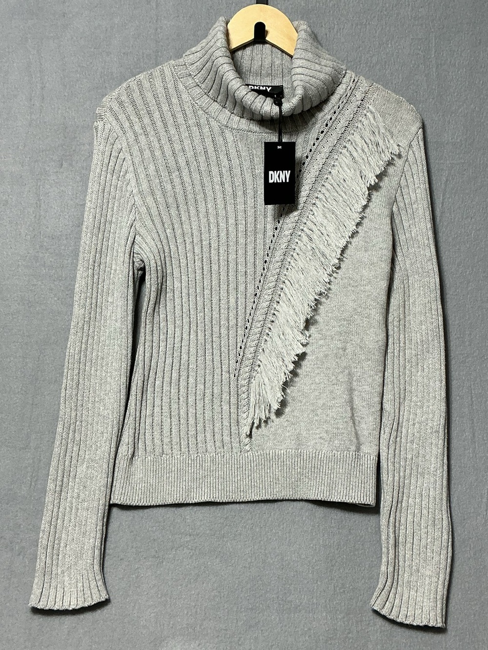 DKNY Turtleneck Sweater 100% Cotton Women’s Gray Fringe Ribbed Size M NWT